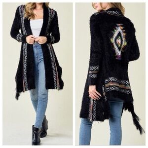 NWT On Blue L Aztec Fuzzy Long Sleeve Open Drape Cardigan Artsy Boho Fringe 38"